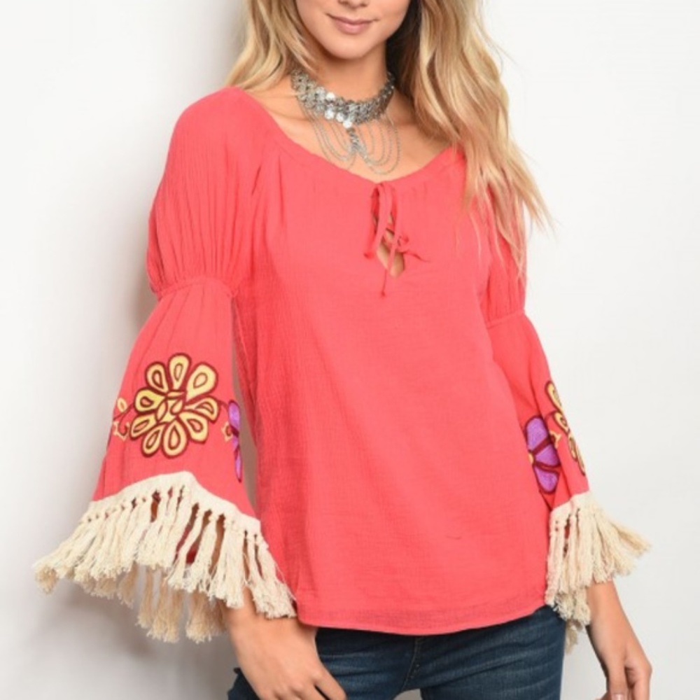 Boho Womens Coral Embroidered floral print fringe detailed blouse Top - Picture 6 of 9